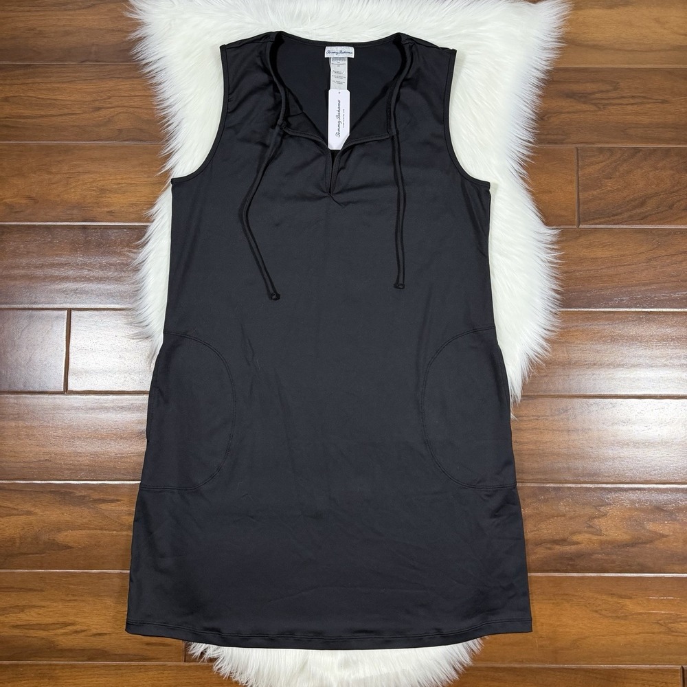 Tommy Bahama Size Medium Black Solid Split Neck‎ Spa Sleeveless Pocket Dress